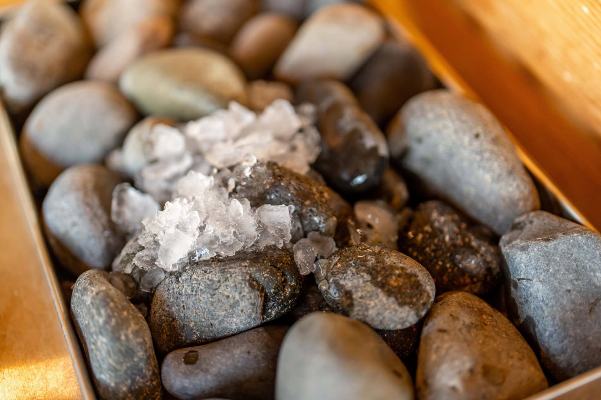 Smooth hot stones with salt crystals at Murrieta Hot Springs Resort spa.