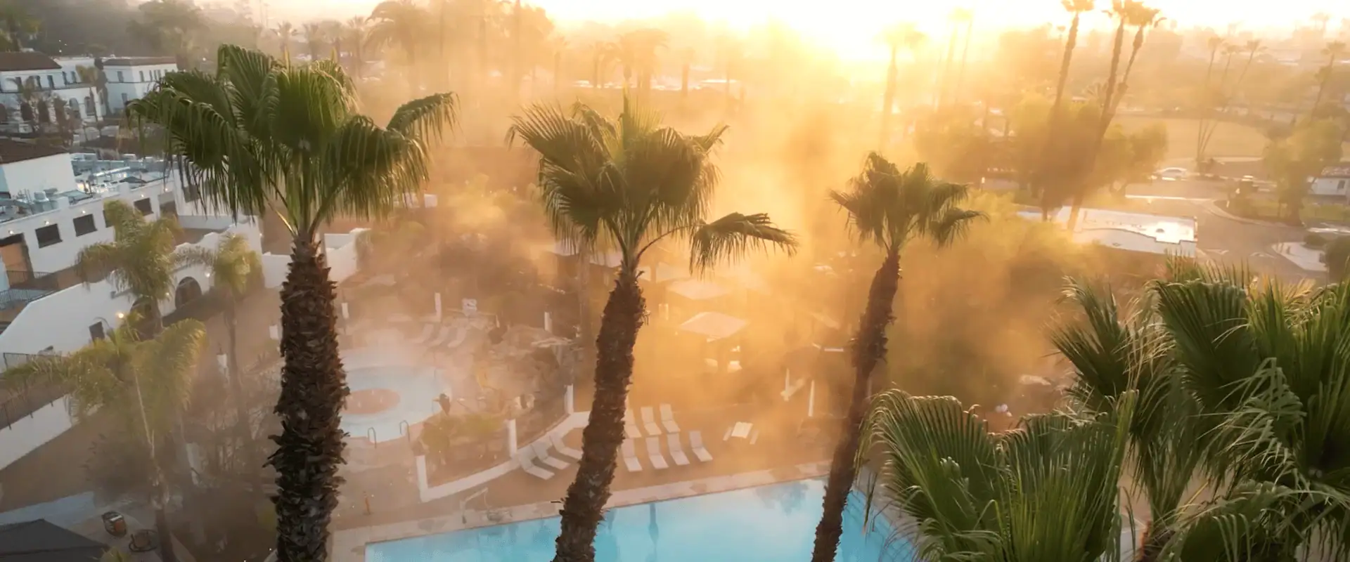 Steam rising over the geothermal pools at Murrieta Hot Springs Resort