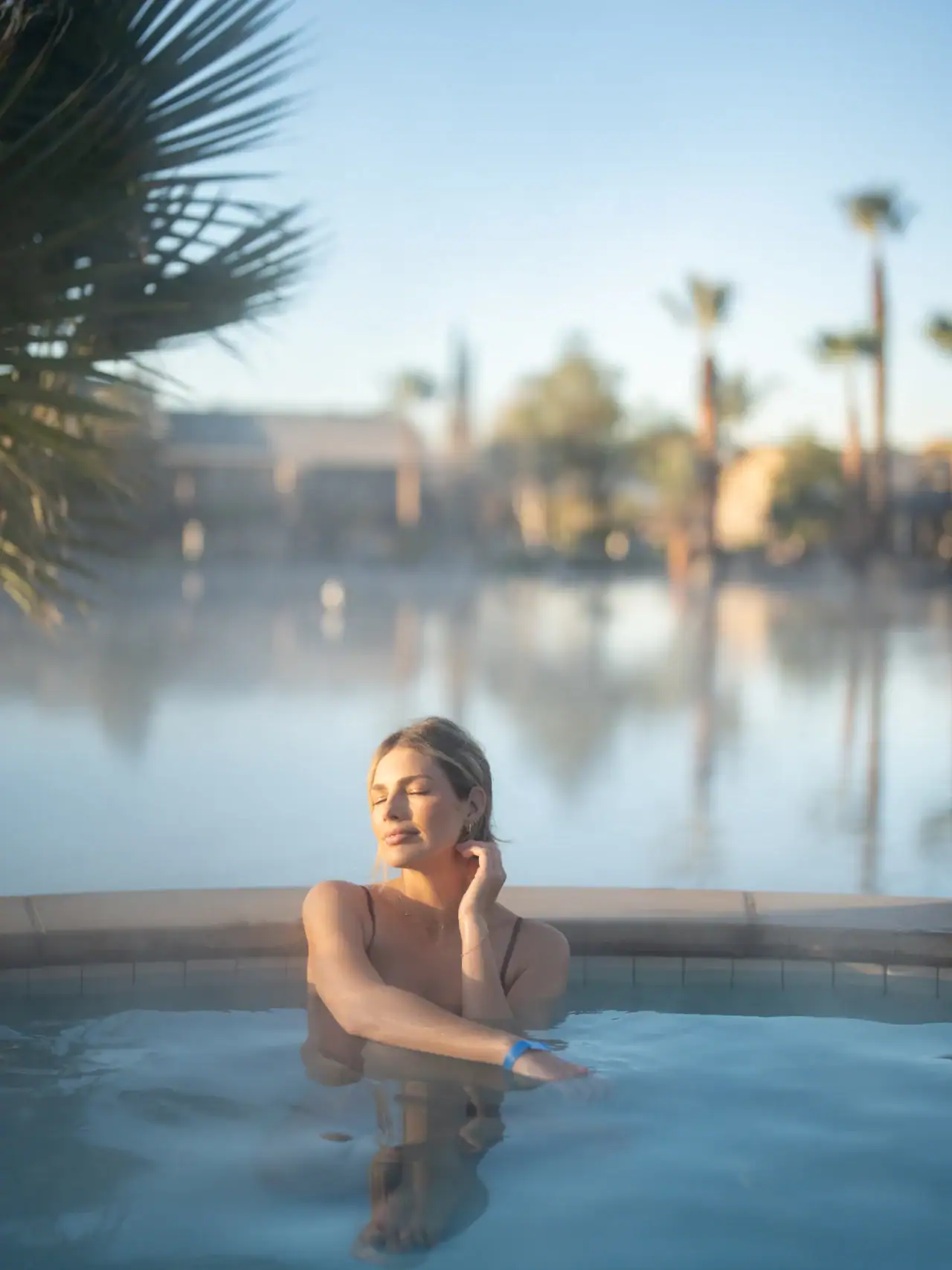 Guest relaxing in the geothermal mineral pools at Murrieta Hot Springs Resort
