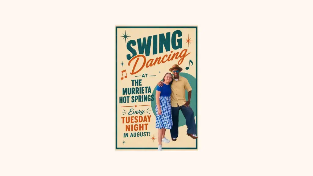 Couple swing dancing at Murrieta Hot Springs resort event.