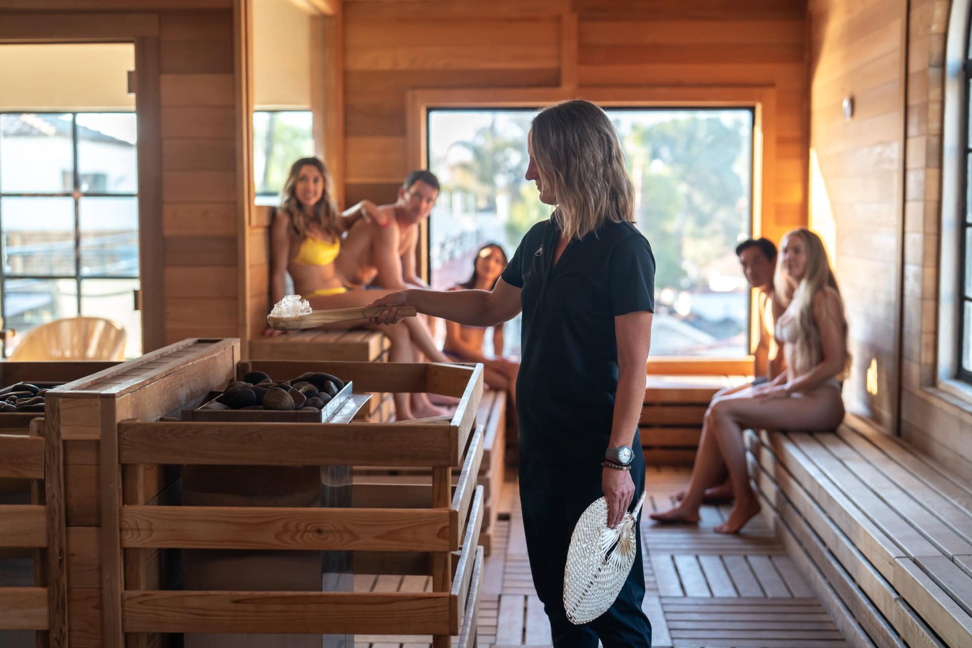 Group enjoying wellness session at Murrieta Hot Springs Resort.