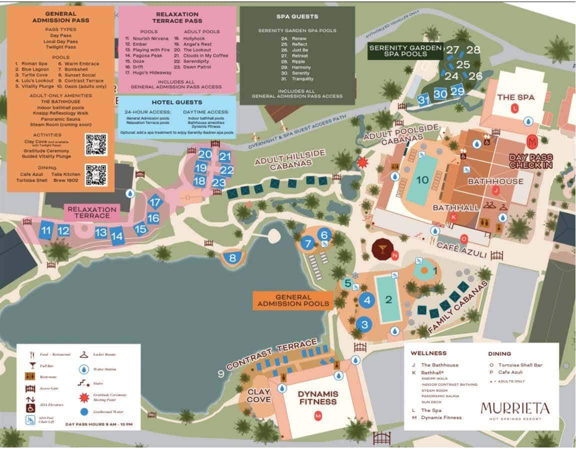 Map of Murrieta Hot Springs Resort with pools, cabins, and amenities.